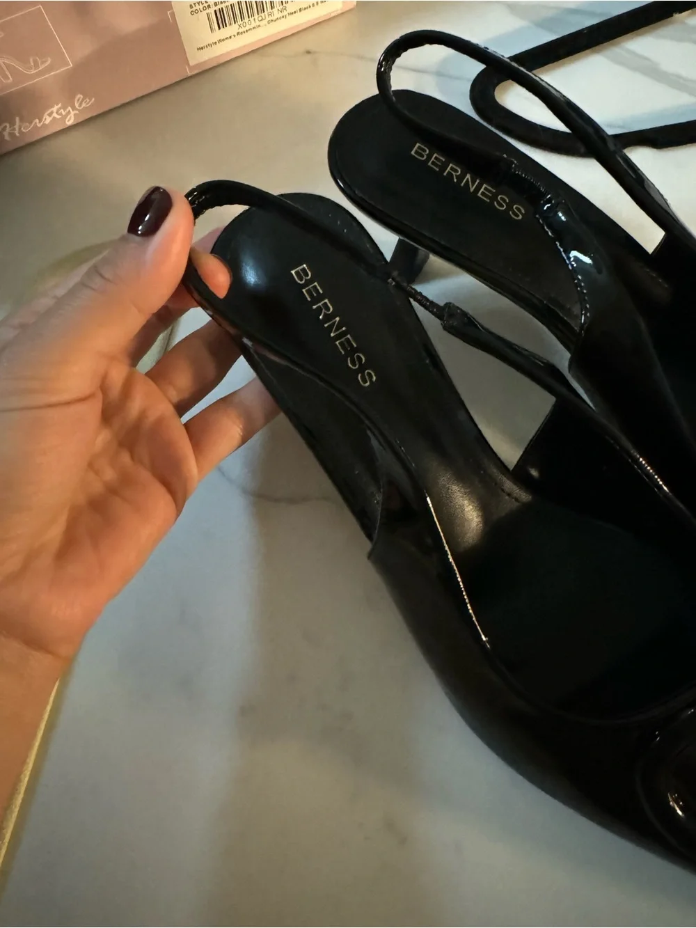 BERNESS Black Patent Slingback Kitten Heel with Buckle